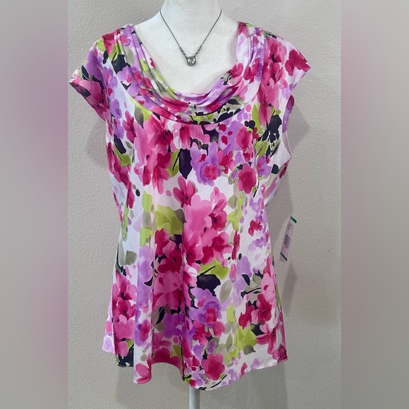 Anne Klein Tops - 🩷”Anne Klein” NWT Multi Color Pink/Lavender Floral Cowl Neck Short Sleeve Blouse
